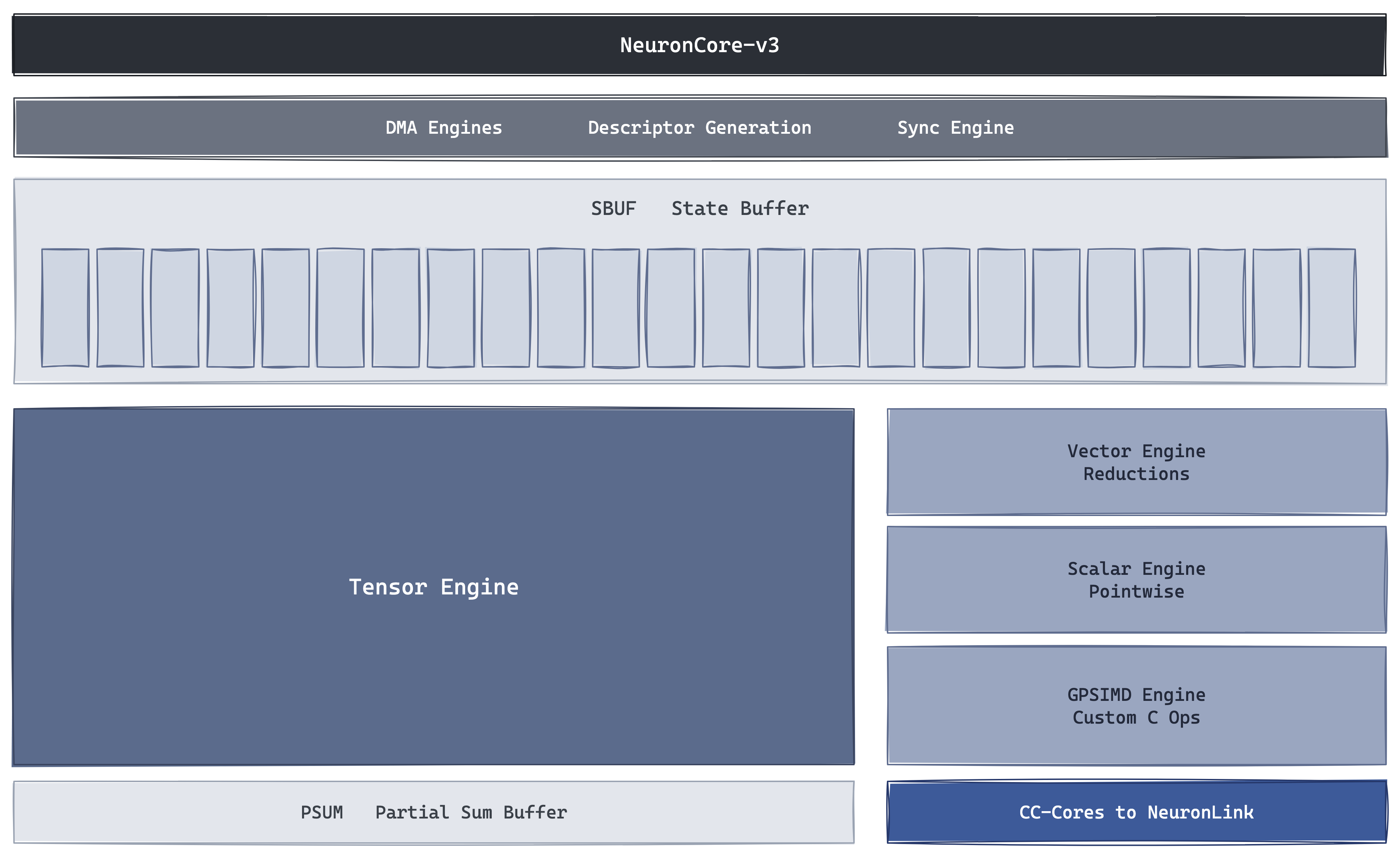 One NeuronCore-v3 in zoom — the 128×128 weight-stationary Tensor Engine sits at the centre, fed operands from the SBUF State Buffer (128 partitions) and draining partial sums into the small PSUM accumulator. The Vector, Scalar, and programmable GPSIMD engines run alongside it off the same SBUF; 128 DMA engines and a Sync Engine stage tiles from HBM, and a bank of CC-Cores drives the NeuronLink ports for collectives concurrently with compute.