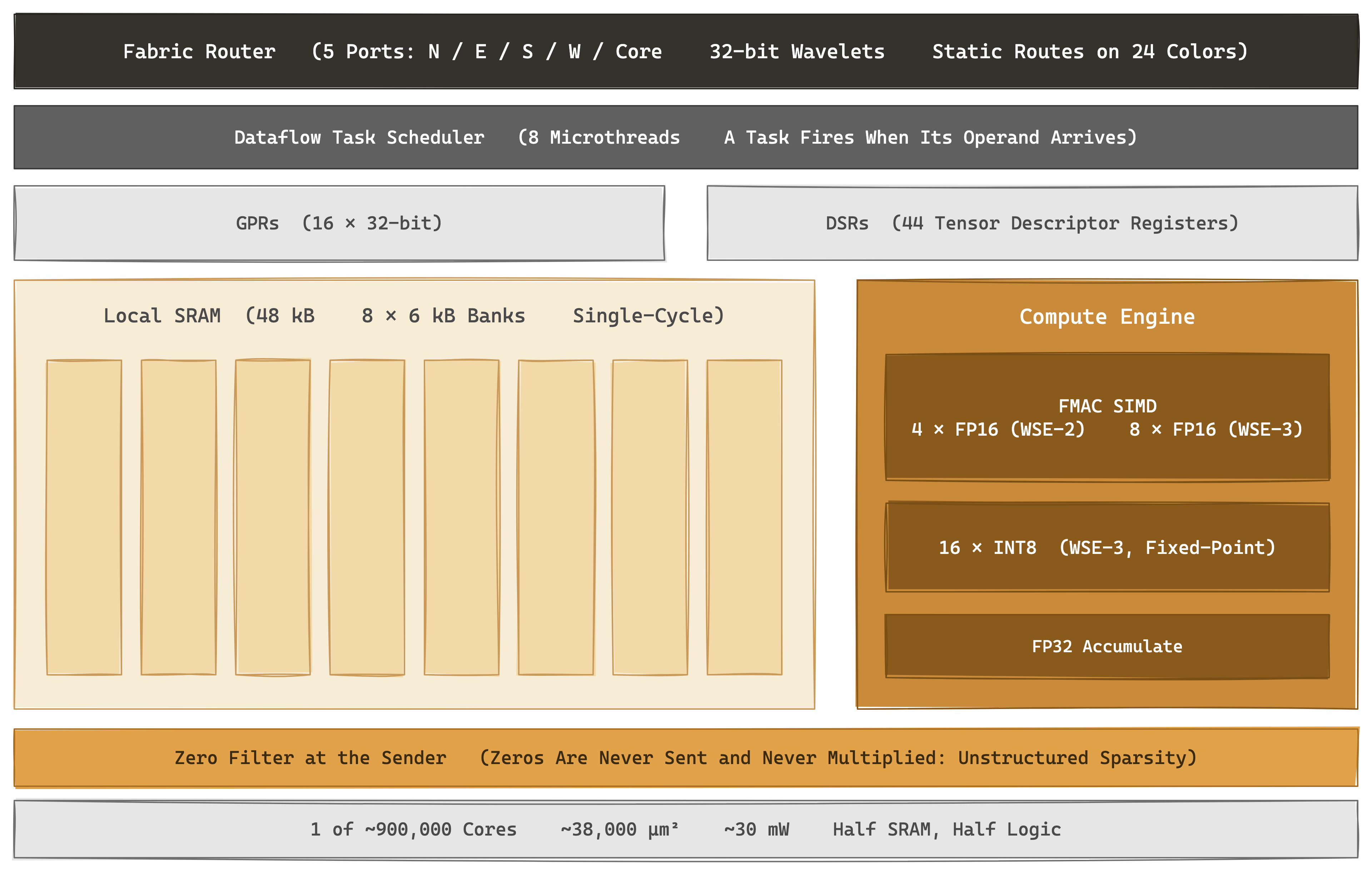 Zoom into one Cerebras core — a five-port fabric router with static routes on 24 colors feeds a dataflow task scheduler running eight microthreads; below sit the GPRs and 44 tensor-descriptor registers, 48 kB of local SRAM in eight single-cycle banks beside the FMAC SIMD compute engine, and the sender-side zero filter that harvests unstructured sparsity.
